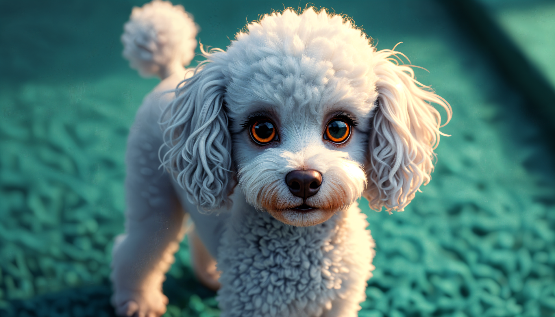 A charming poodle with fluffy fur and bright eyes stands on a textured surface, captured in stunning detail for a 4K Ultra HD desktop background.