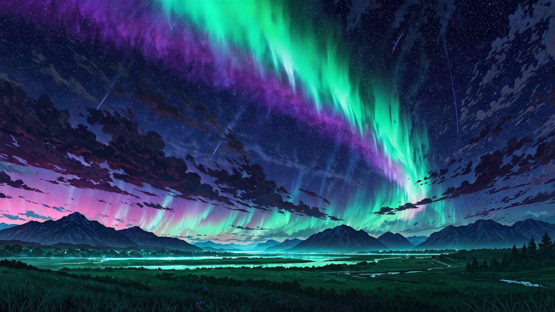 A stunning anime landscape featuring vibrant aurora borealis lights illuminating the night sky over mountains and a serene valley, presented in 4K Ultra HD quality.