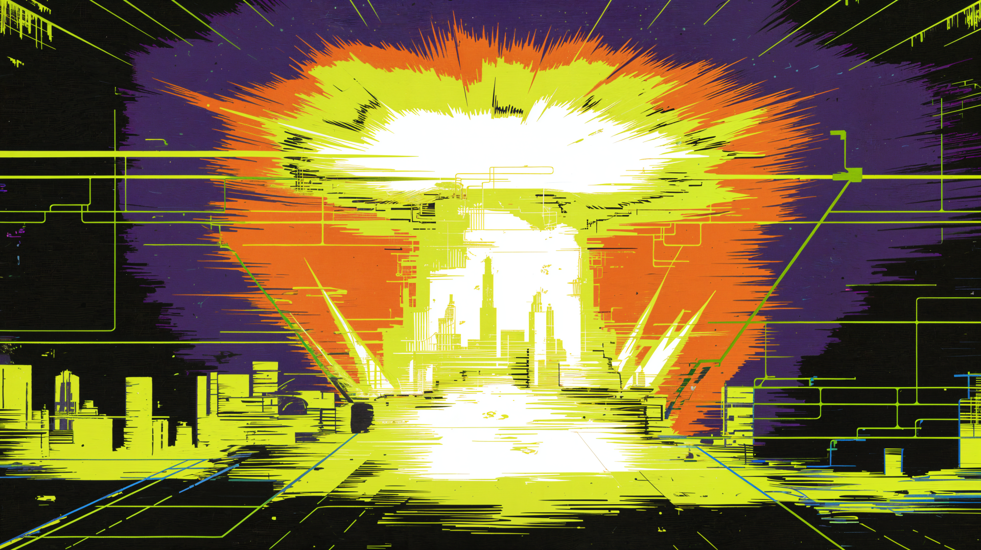 A vibrant 4K Ultra HD wallpaper featuring a nuclear explosion, with intense colors and digital effects, set against a dramatic skyline.
