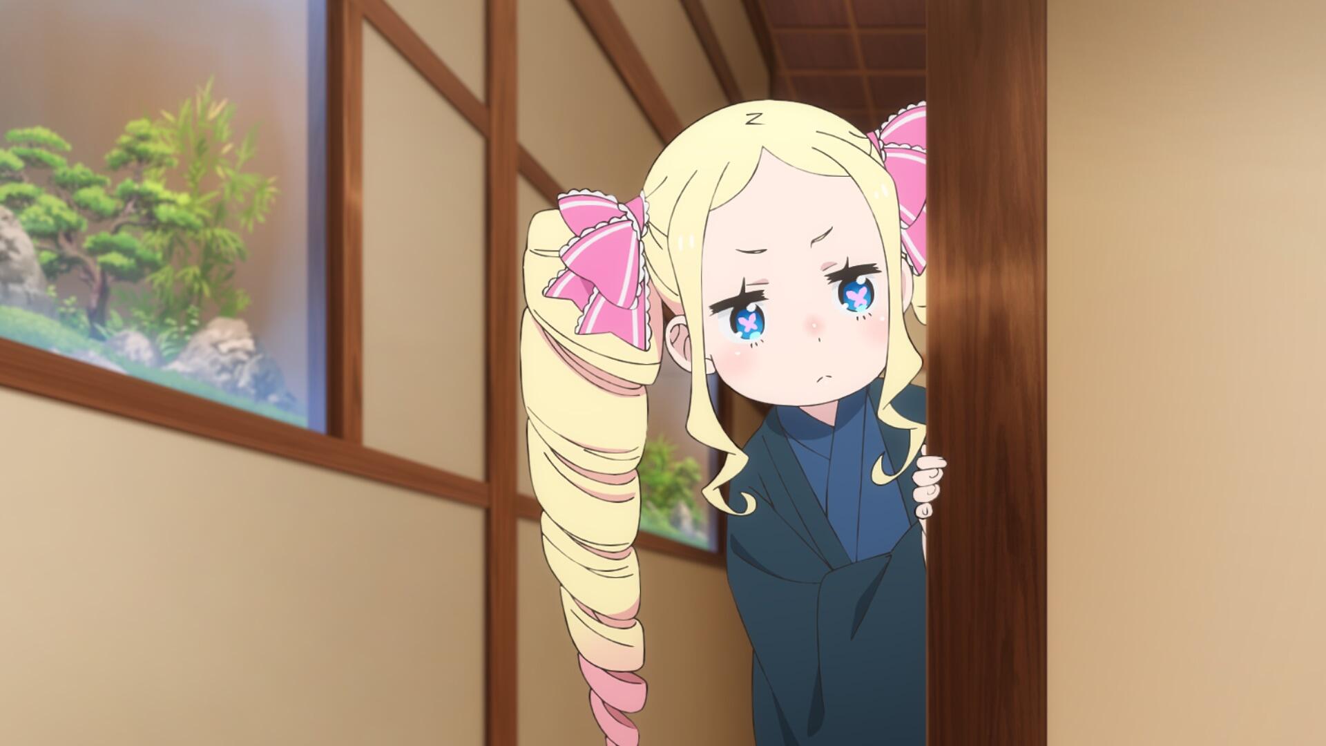 HD PC desktop wallpaper featuring Beatrice from the anime Re:Zero - Starting Life in Another World, peeking from behind a sliding door in a traditional Japanese setting.