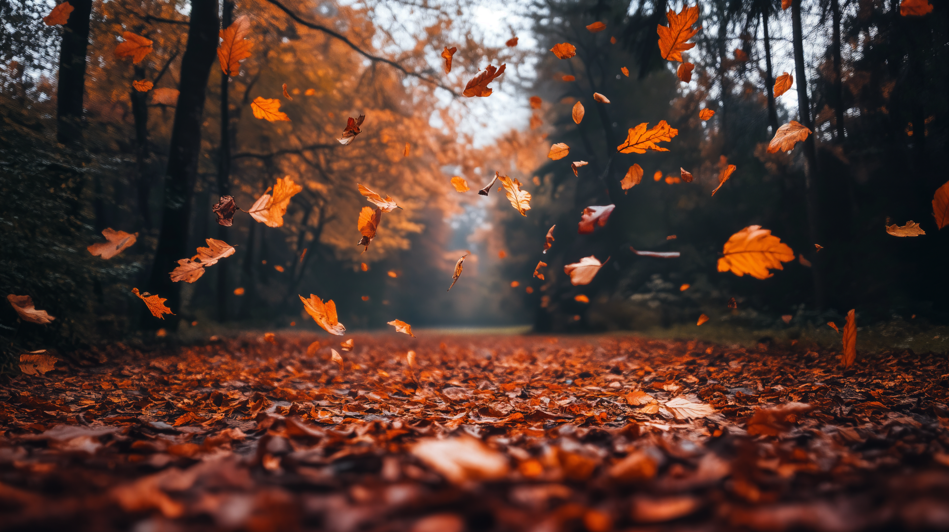 A serene fall scene with vibrant orange leaves swirling through the air, covering a pathway in a forest, showcasing the beauty of autumn. 4K Ultra HD wallpaper and background.