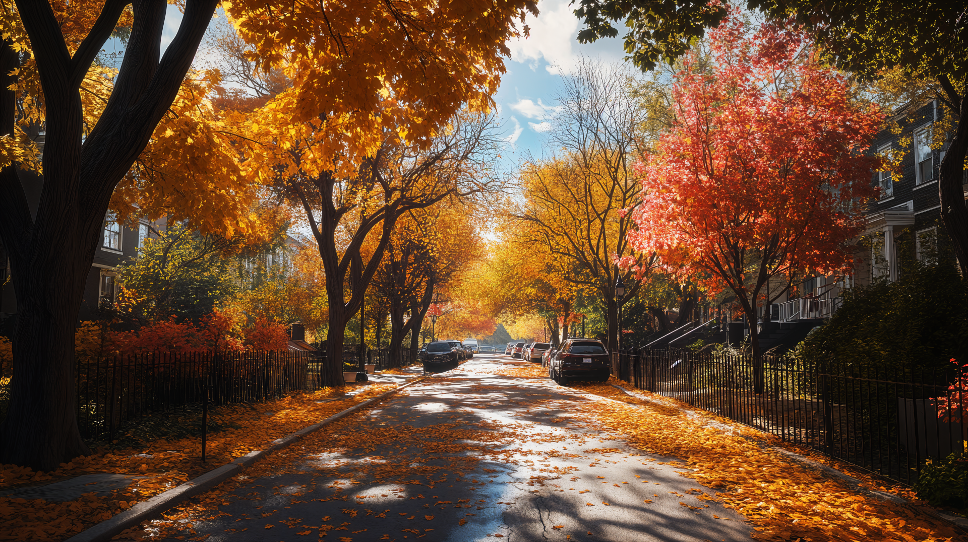 A serene street lined with vibrant autumn trees showcasing brilliant orange and yellow leaves, set against a bright blue sky—capturing the essence of fall weather in stunning 4K Ultra HD.