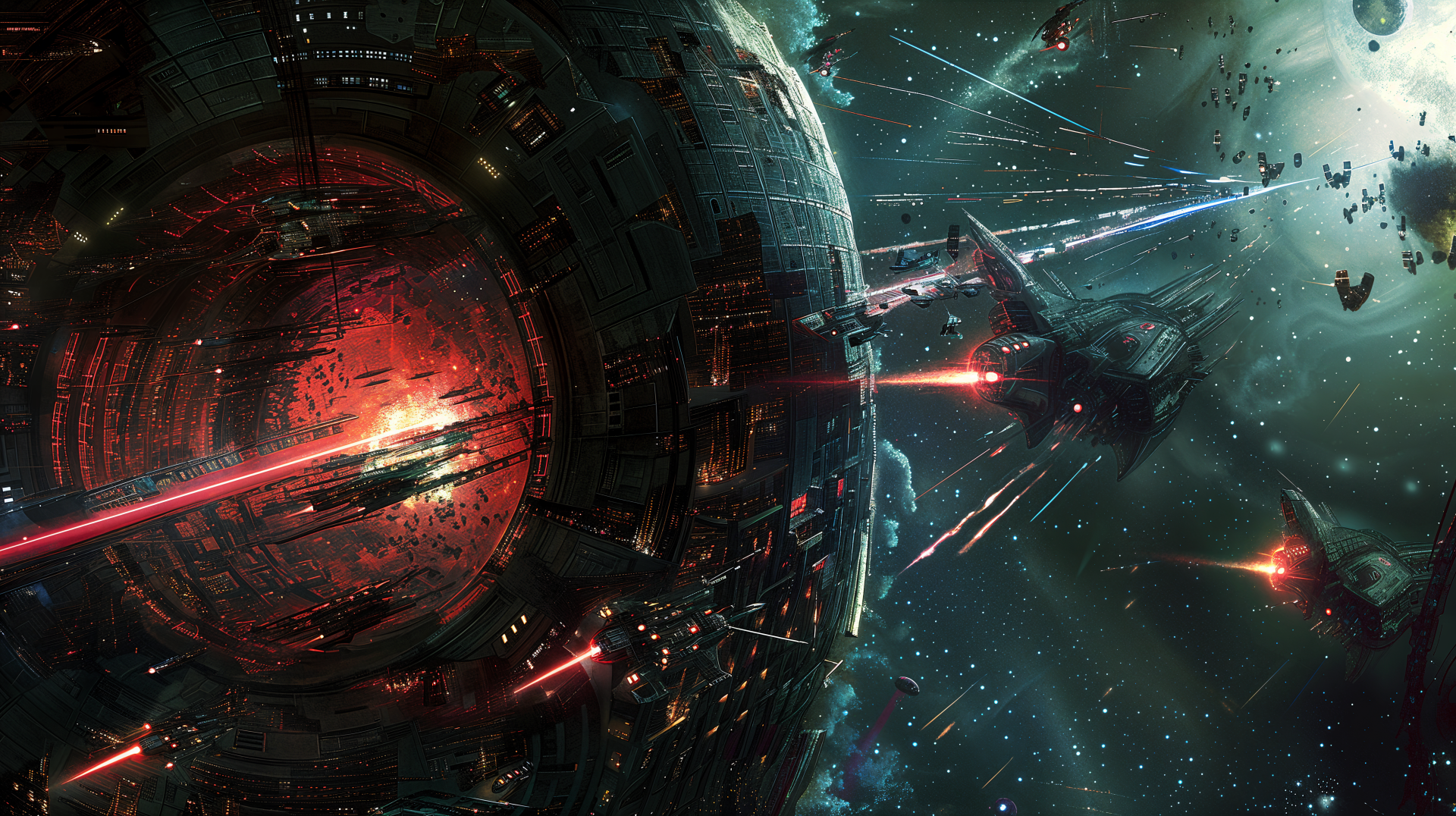 A dynamic space battle unfolds against a vibrant cosmic backdrop, featuring a colossal planet and spacecraft engaged in intense action. Sci-fi visuals come alive in 4K Ultra HD.