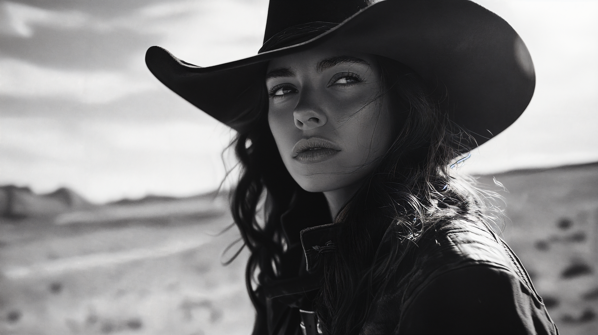 A striking black and white image of a cowgirl with a large hat, gazing thoughtfully into the distance, set against a vast landscape. This serves as a captivating 4K Ultra HD desktop wallpaper.