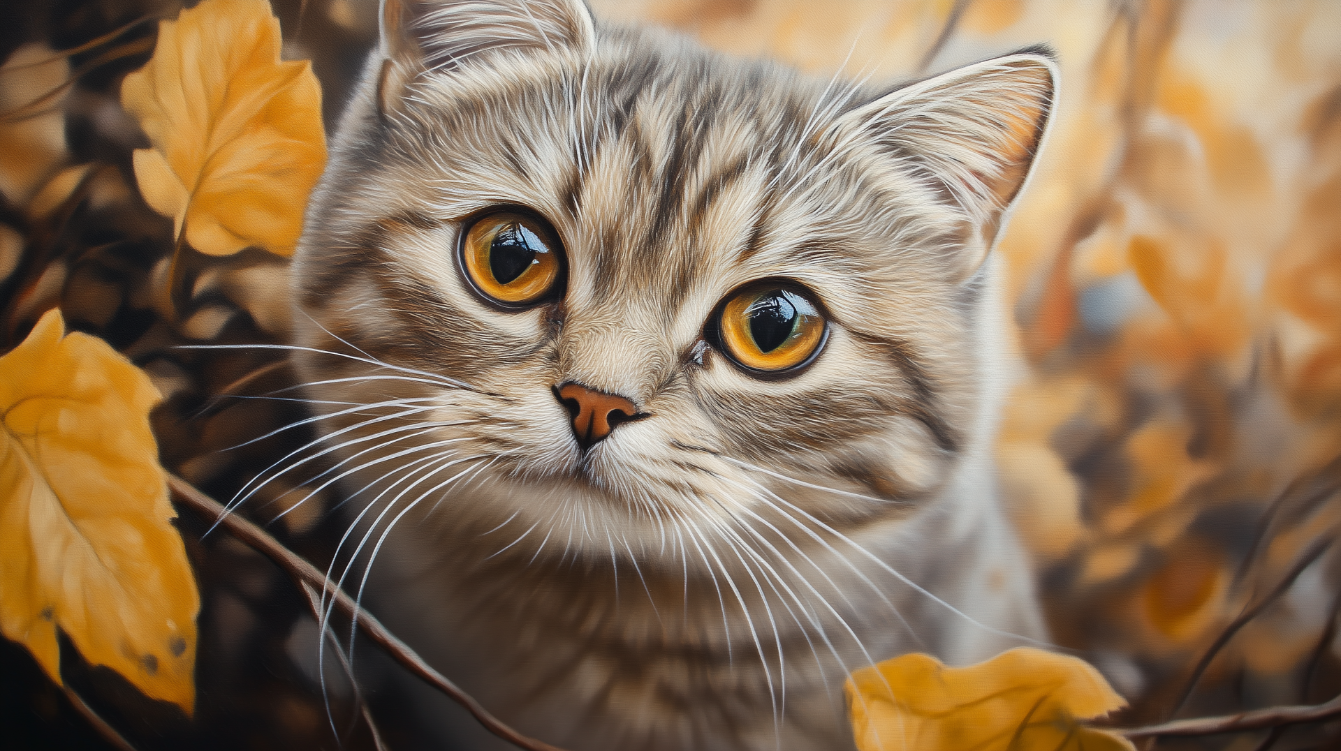 HD PC desktop wallpaper featuring a close-up of a Scottish Fold cat with large amber eyes surrounded by autumn leaves.