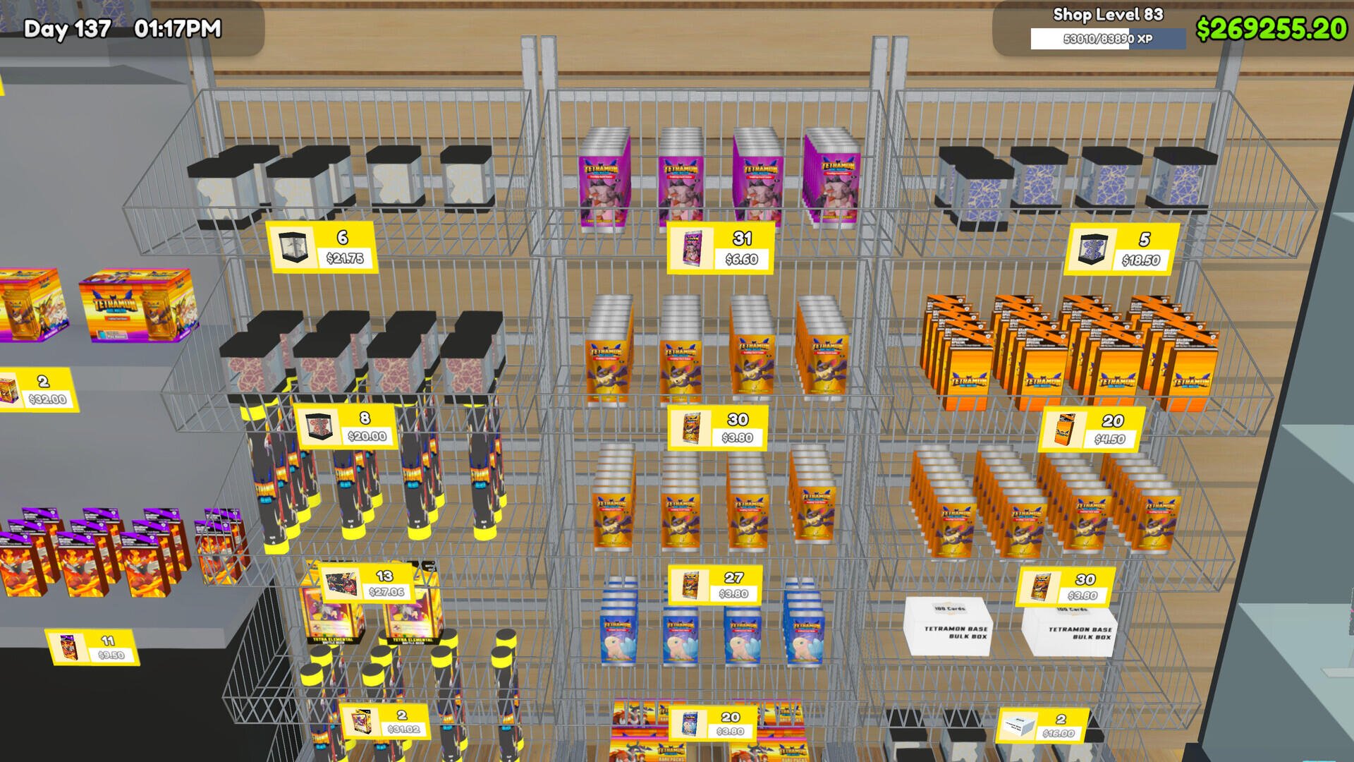 A vibrant HD desktop wallpaper showcasing a virtual card shop from the video game TCG Card Shop Simulator, featuring organized shelves filled with various products.