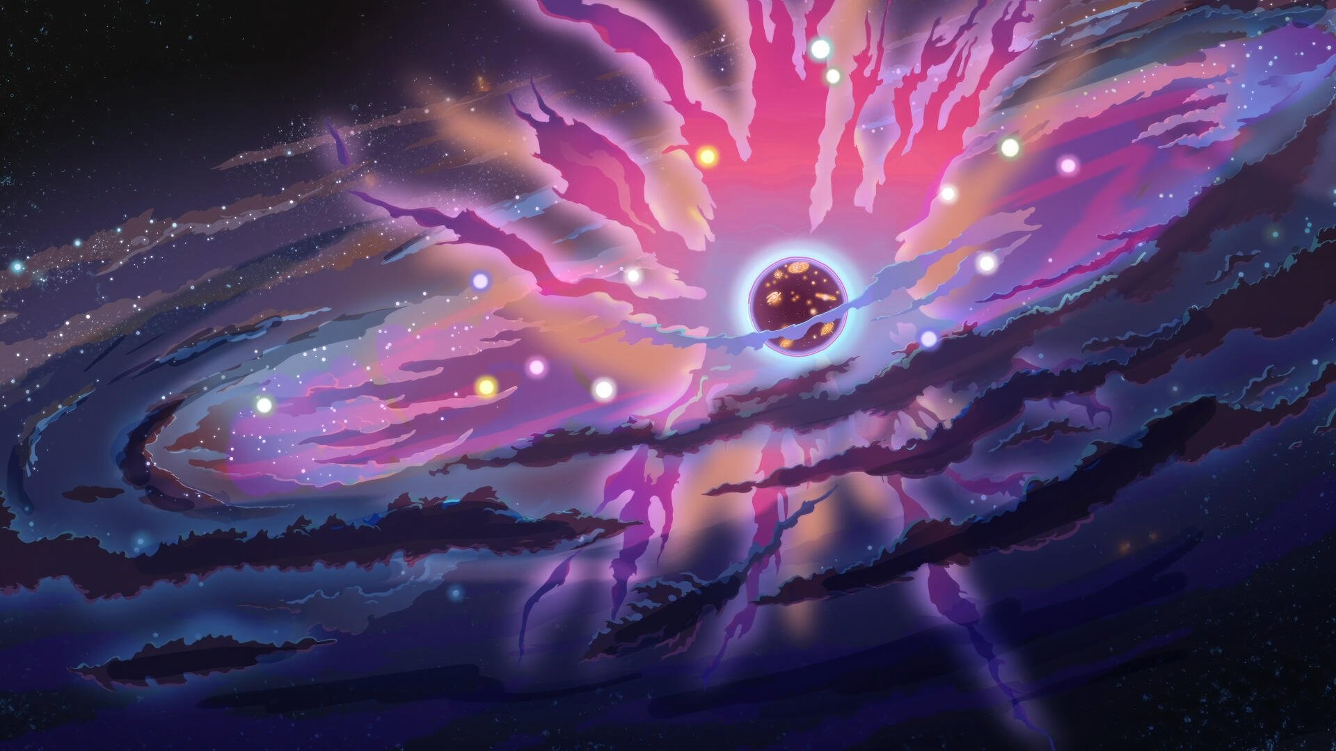 A vibrant galaxy scene inspired by *Rick and Morty*, featuring swirling colors and cosmic elements, designed as a stunning 4K Ultra HD desktop wallpaper.