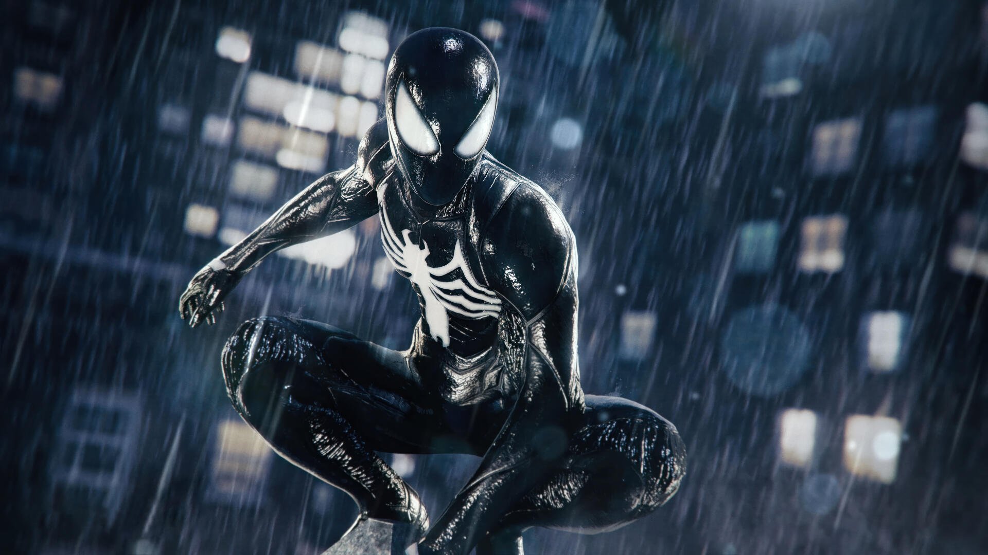 4K Ultra HD desktop wallpaper: Symbiote Spider-Man (Venom) from Marvel's Spider-Man 2 crouches on a rain-soaked rooftop, white spider emblem shining.