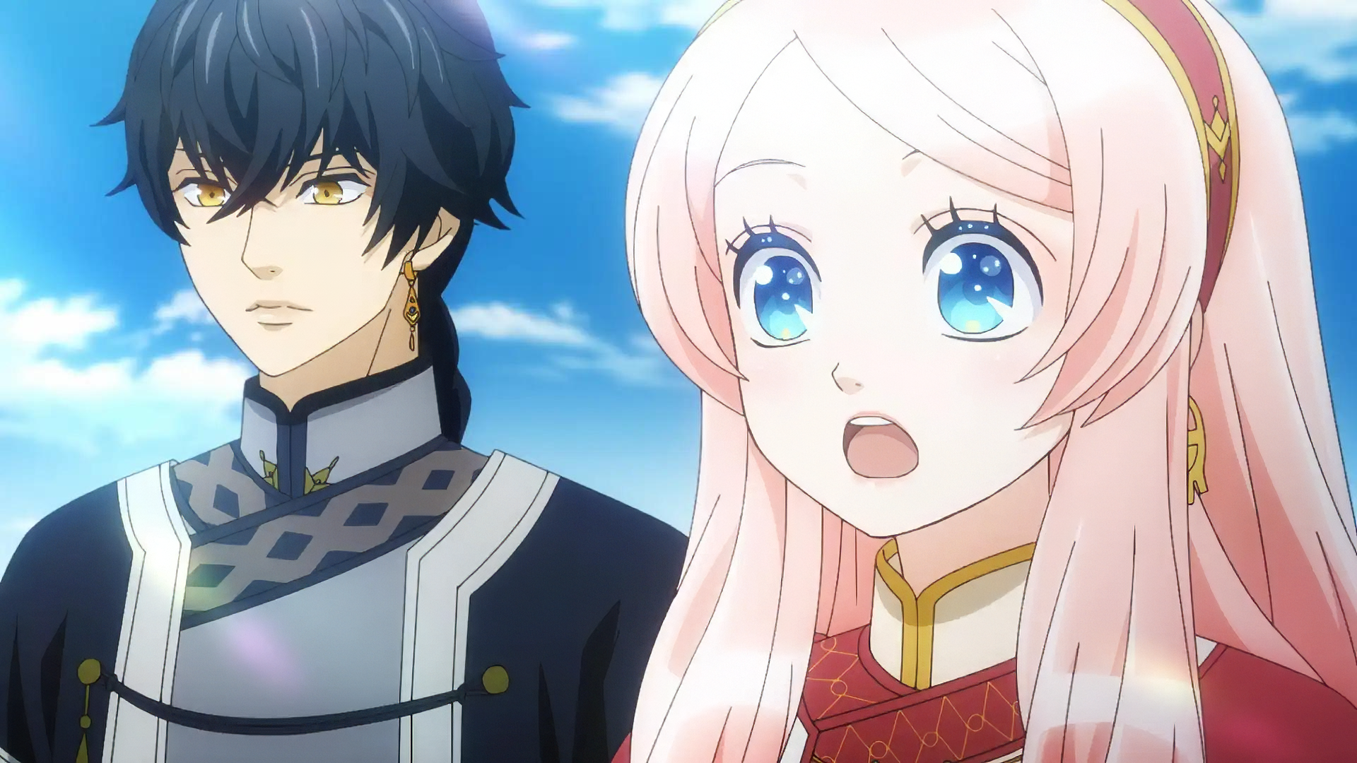 An enchanting HD wallpaper featuring characters from Nina the Starry Bride, showcasing a dramatic moment with a surprised girl and a stoic boy against a vibrant sky.