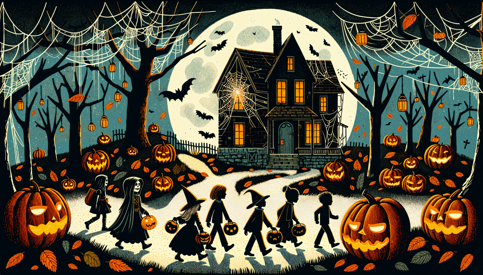 4K Ultra HD Halloween wallpaper featuring trick-or-treaters walking past glowing pumpkins, a haunted house, ghosts, bats, and spiderwebs under a full moon.