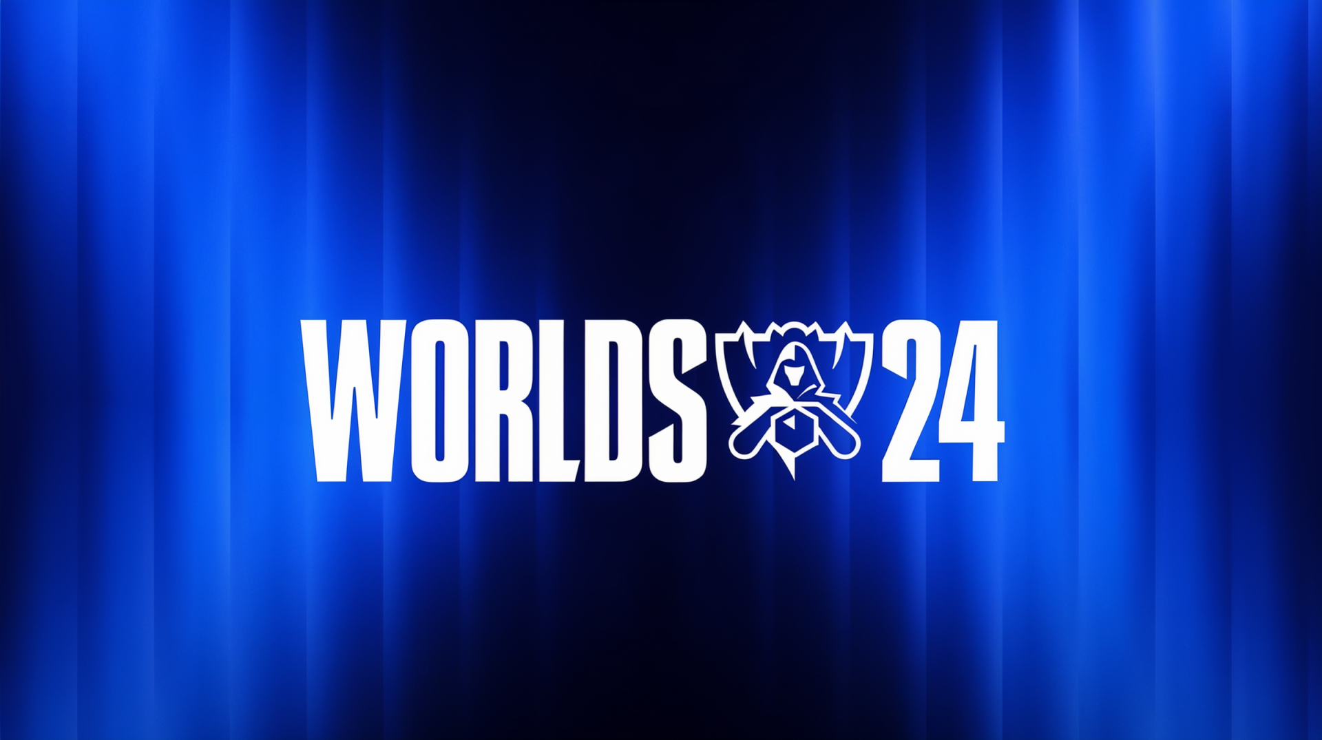 An HD desktop wallpaper featuring the League of Legends logo with WORLDS 24 prominently displayed against a vibrant blue background, celebrating esports culture.