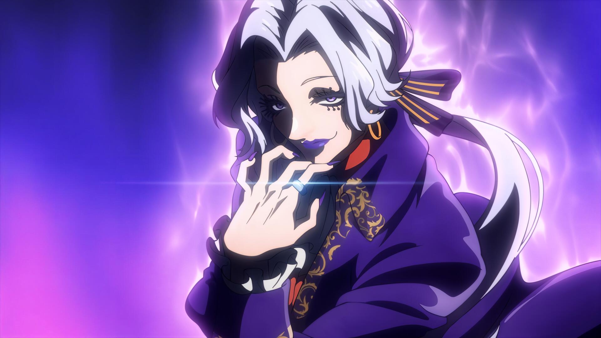 A captivating character from the anime The Most Notorious Talker Runs the World's Greatest Clan, set against a vibrant purple backdrop in stunning 4K Ultra HD resolution.