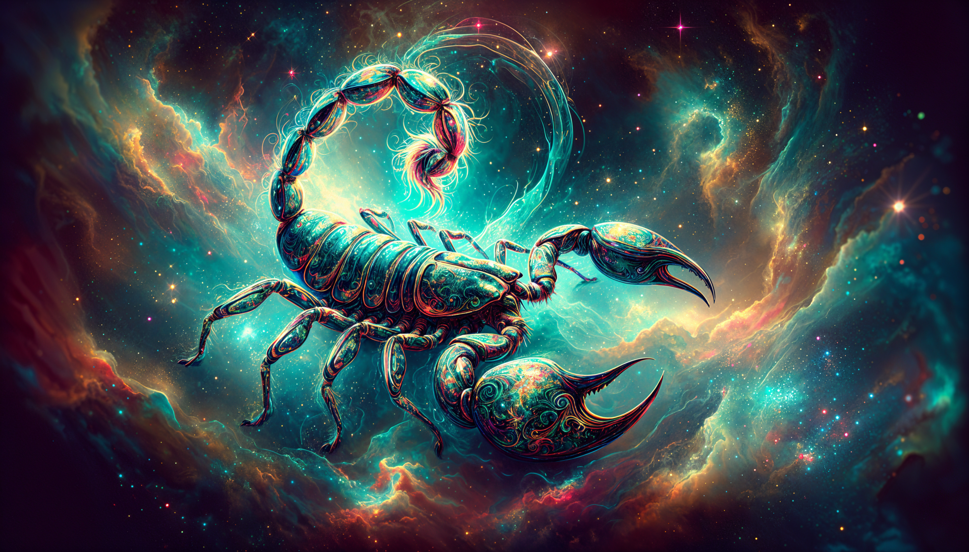 A stunning 4K Ultra HD wallpaper featuring a Scorpio surrounded by a vibrant, cosmic backdrop, blending astrology with mesmerizing colors and patterns.