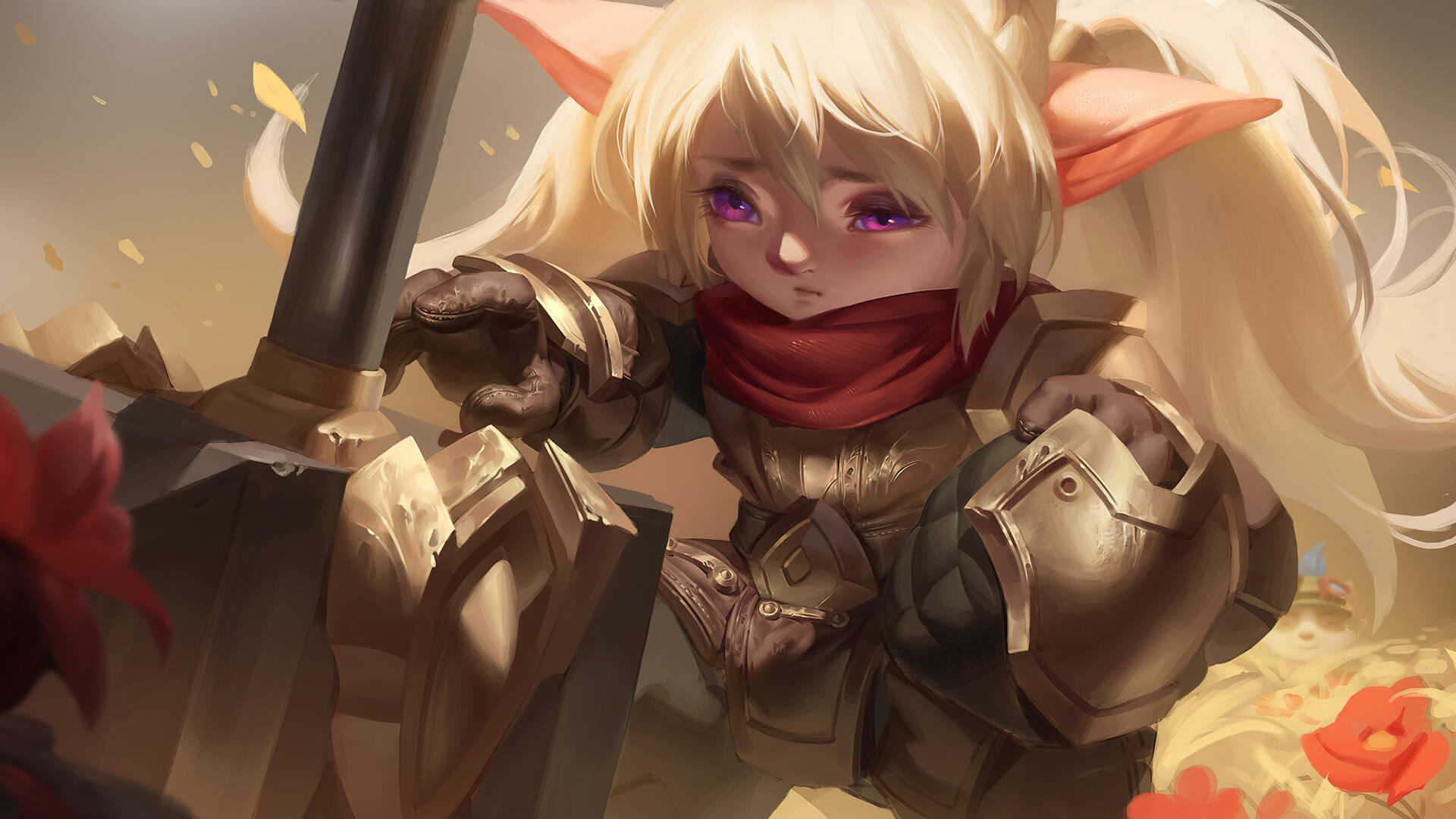 A detailed 4K Ultra HD wallpaper featuring Poppy from League of Legends, showcasing her armor and determined expression in an engaging fantasy setting.