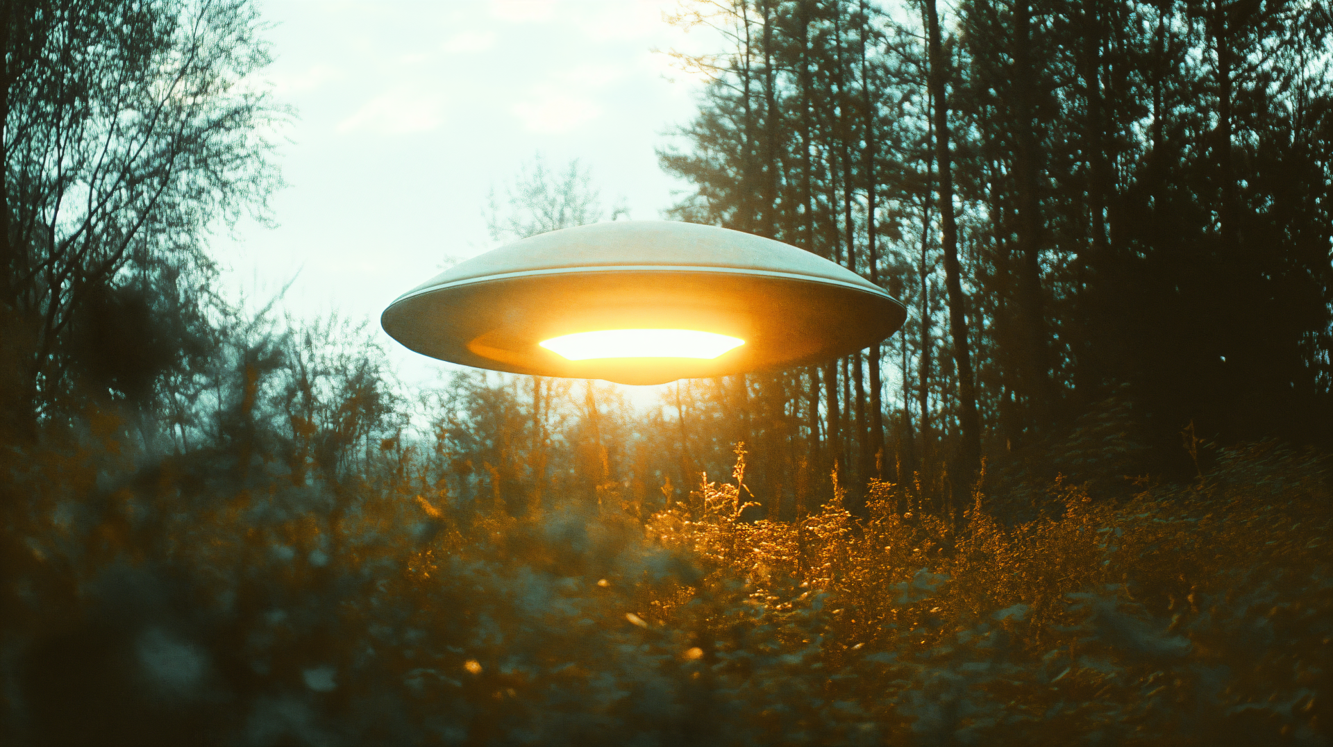 A captivating 4K Ultra HD wallpaper depicting an alien encounter, featuring a glowing UFO hovering above a grassy field, surrounded by tall trees.