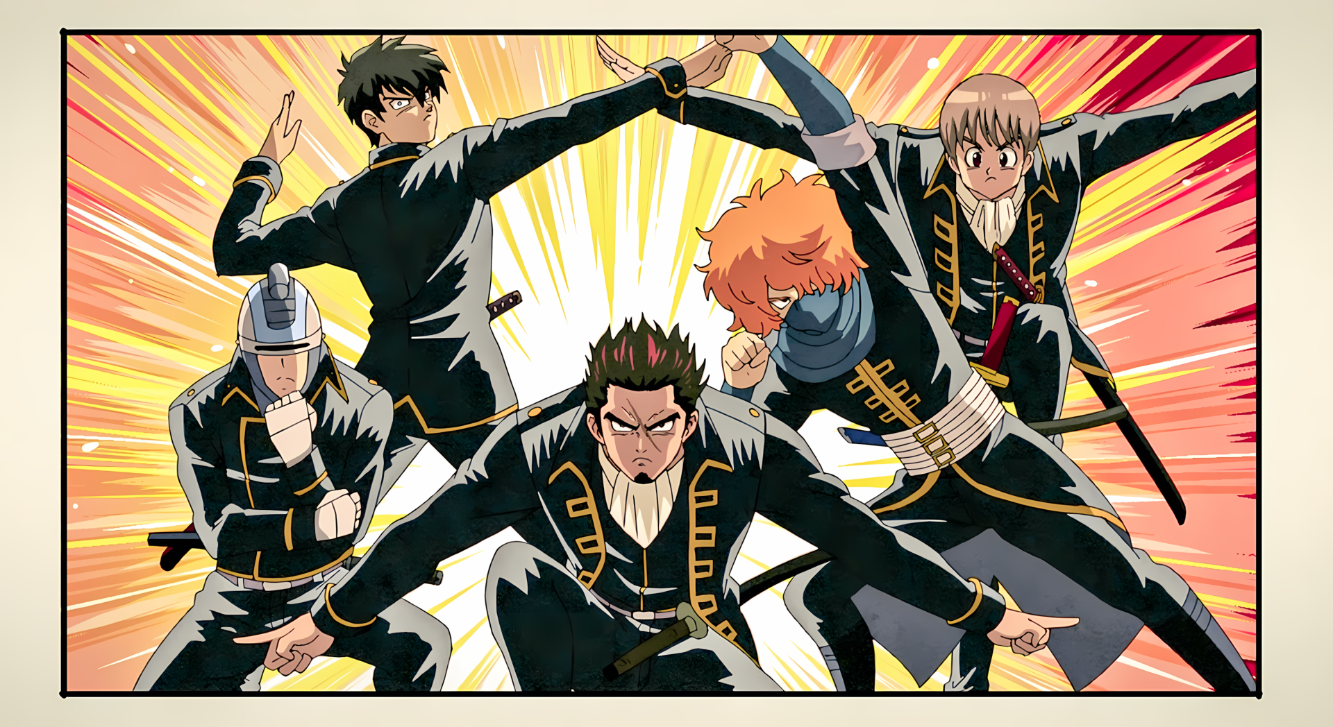 Gintama anime 2K Quad HD PC desktop wallpaper: five Shinsengumi members strike dynamic battle poses against a burst of yellow and red energy.