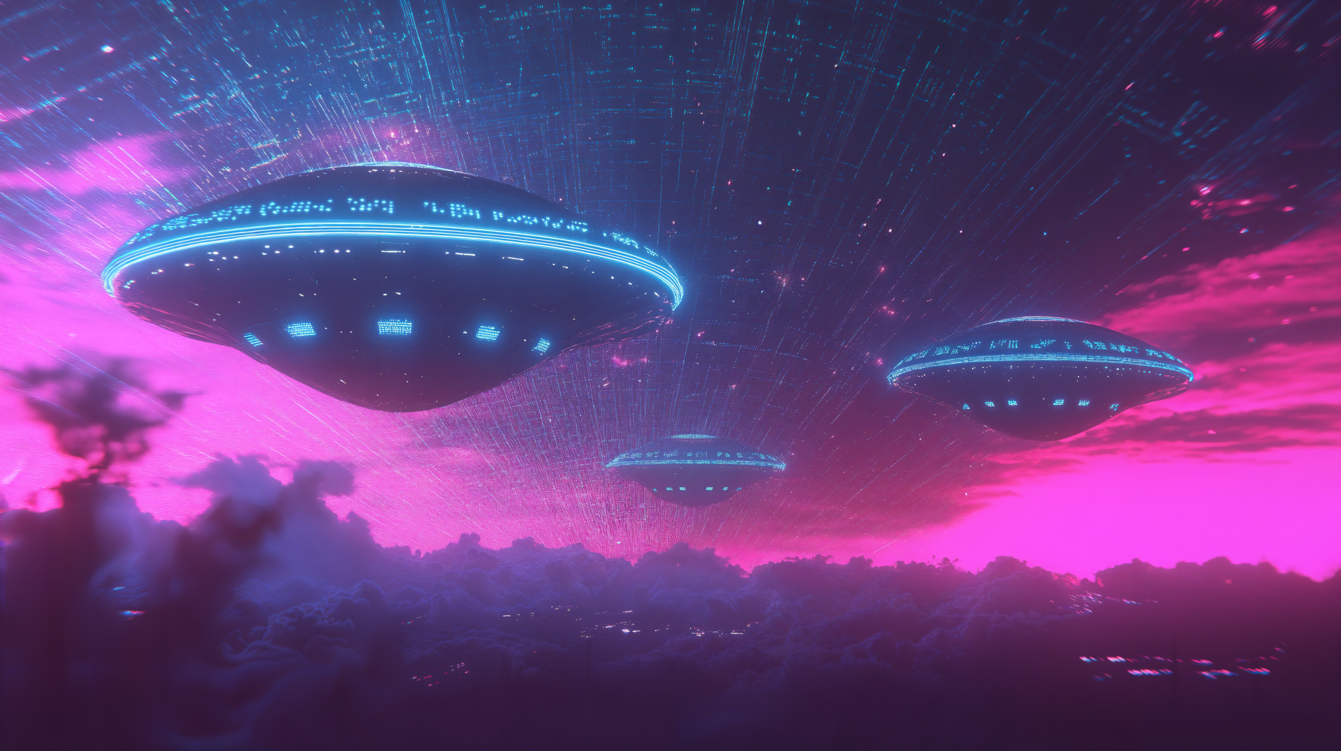 Neon-lit UFO invasion depicted in vibrant digital art, showcasing hovering flying saucers over a dark cityscape in 4K Ultra HD sci-fi desktop wallpaper.