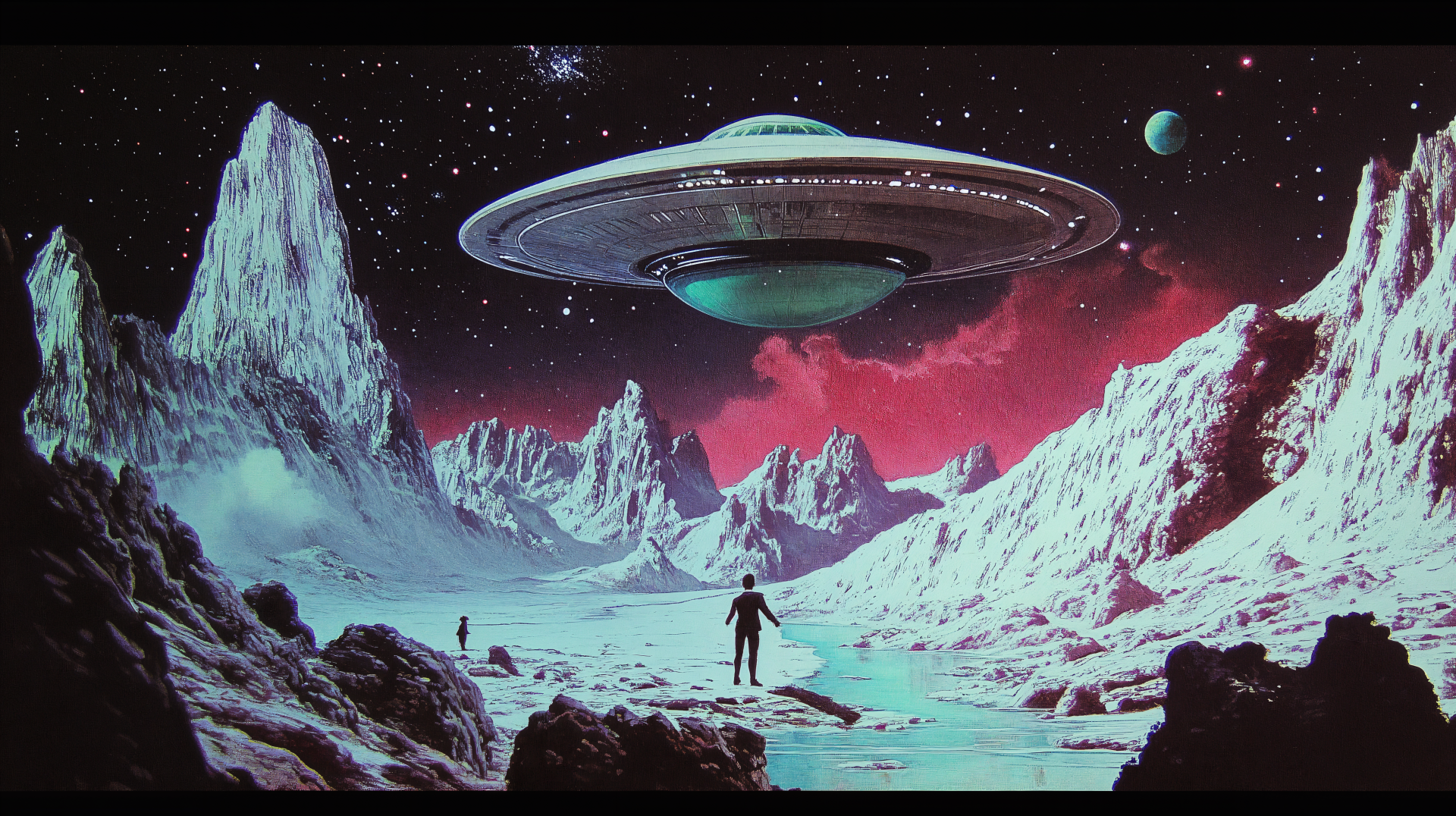 A stunning 4K Ultra HD sci-fi scene depicting an alien encounter, featuring a lone figure on a lunar landscape with a hovering UFO against a vibrant cosmic backdrop.