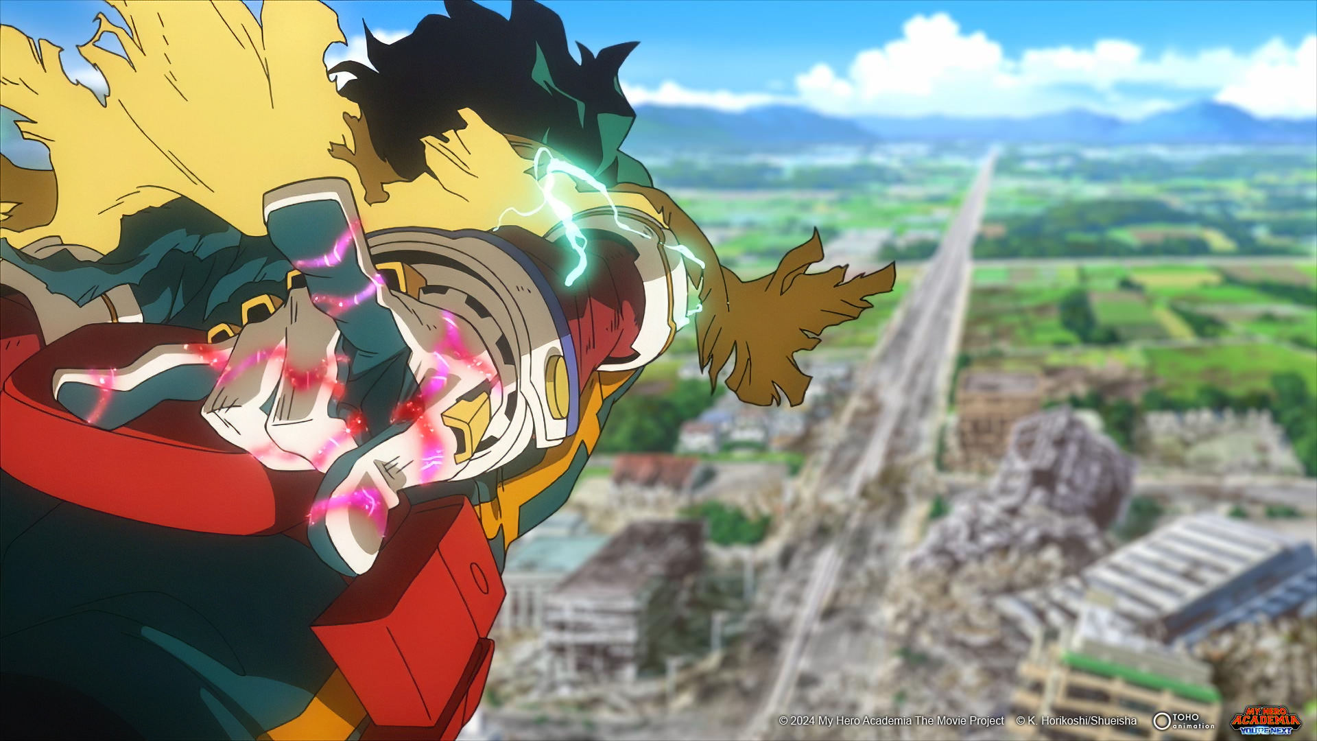 An anime scene from My Hero Academia: You're Next, featuring dynamic characters against a backdrop of destruction, showcasing vibrant colors and an intense atmosphere in an HD desktop wallpaper format.