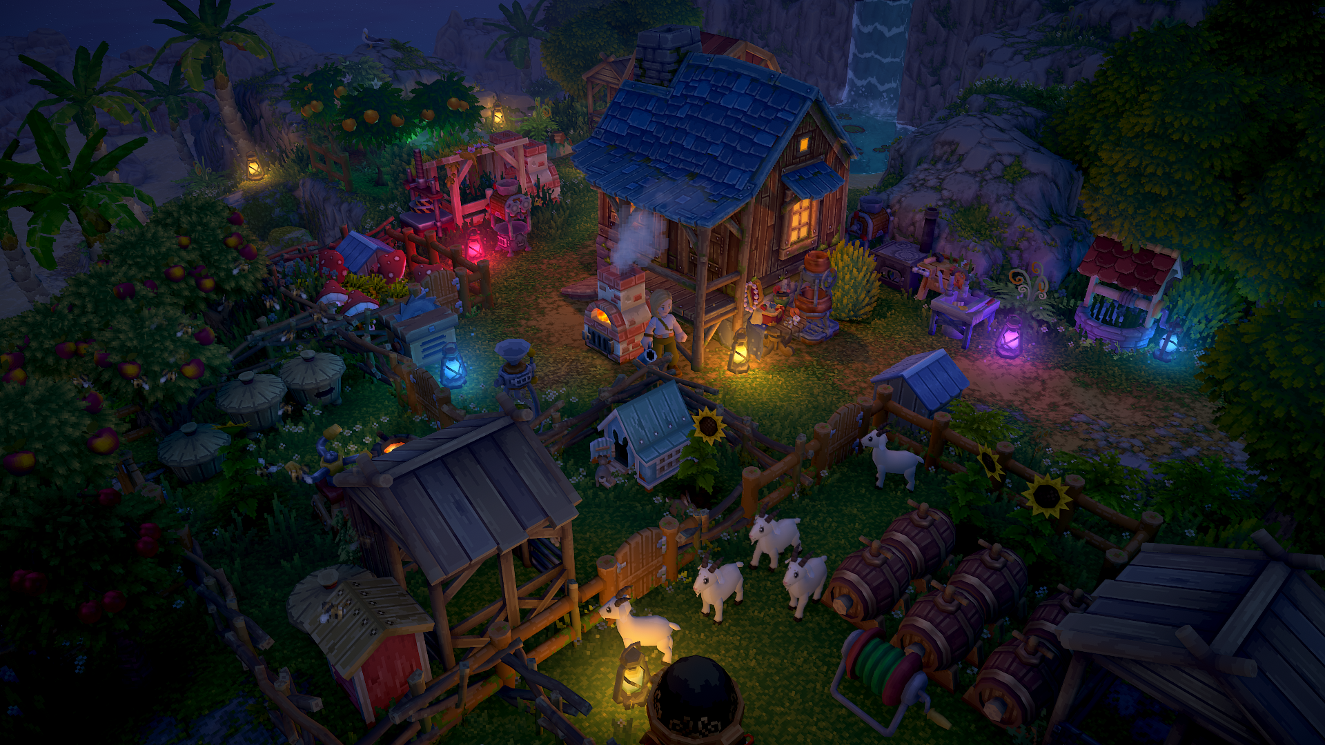 A vibrant scene from the video game Luma Island, featuring a cozy homestead surrounded by colorful lights, lush greenery, and farm animals, creating a magical nighttime atmosphere.