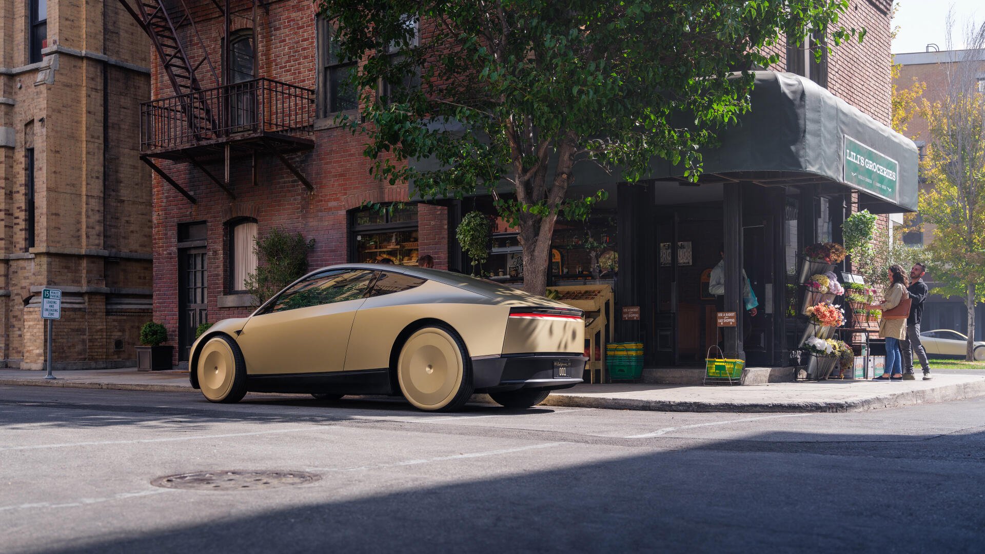 A sleek Tesla robotaxi parked on a city street, surrounded by greenery and local shops, captured in stunning 4K Ultra HD detail.