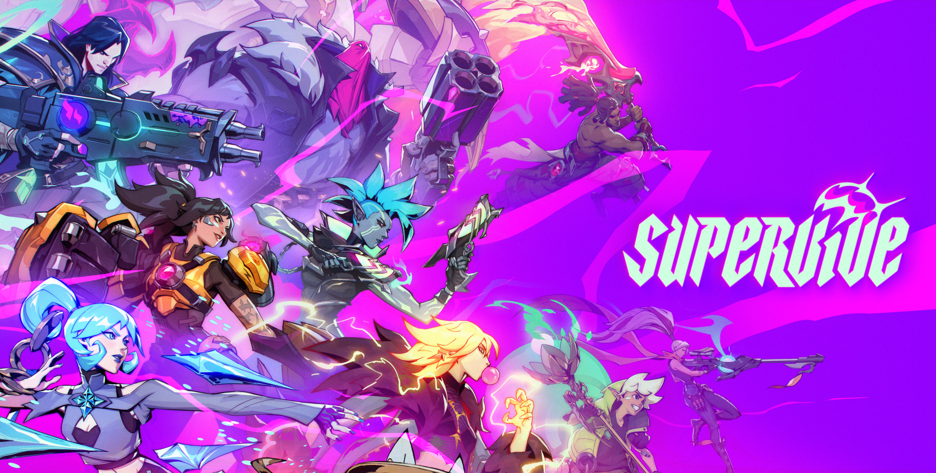 HD PC desktop wallpaper featuring vibrant characters and action scenes from the video game Supervive, set against a dynamic purple background.