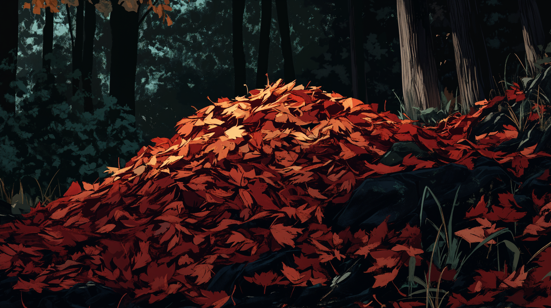 A vibrant pile of autumn leaves in rich shades of red and orange, surrounded by a serene forest backdrop, creating a stunning 4K Ultra HD wallpaper.