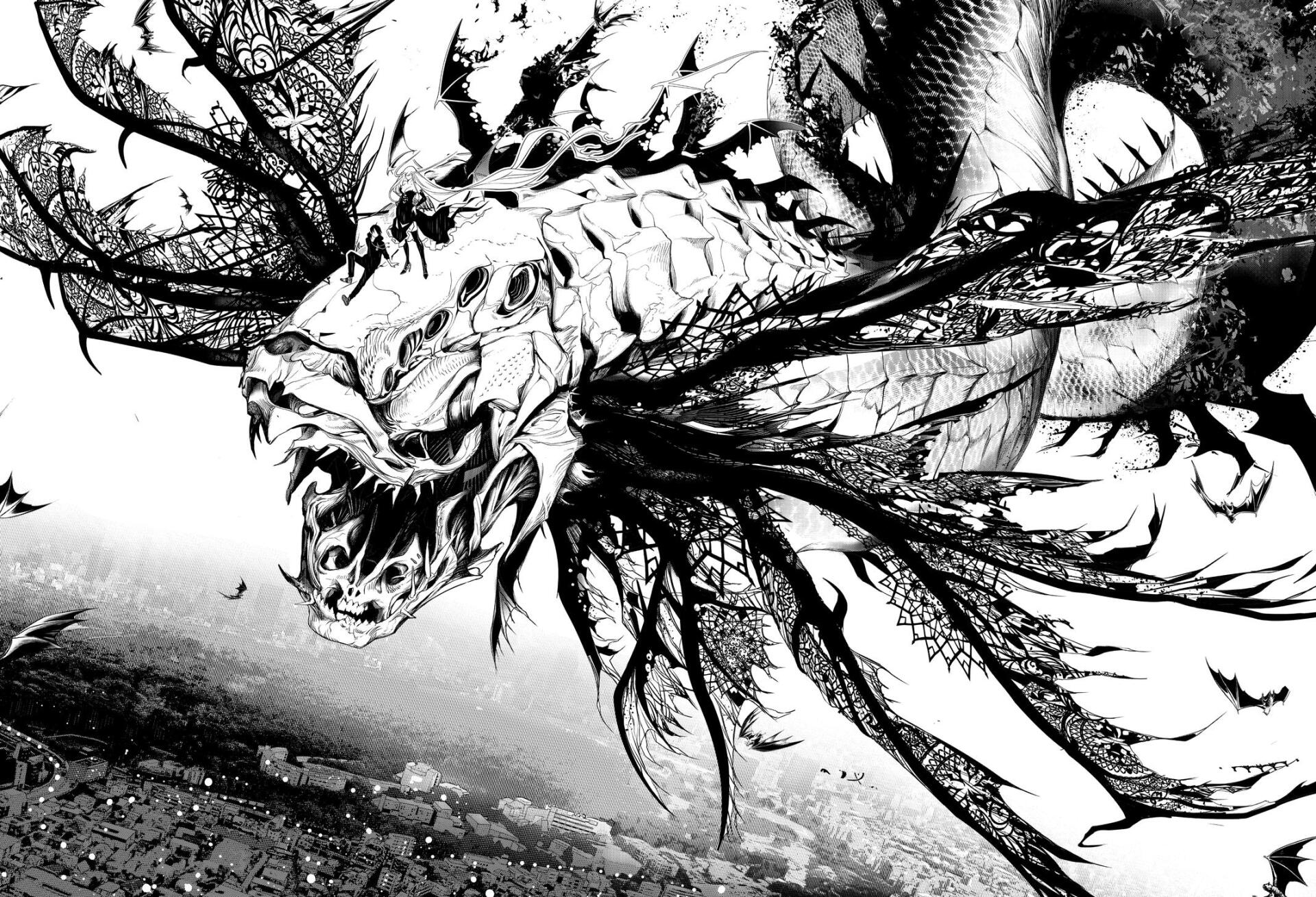 Black-and-white manga-style HD desktop wallpaper featuring a detailed, fierce dragon from the Bakemonogatari Monogatari series.