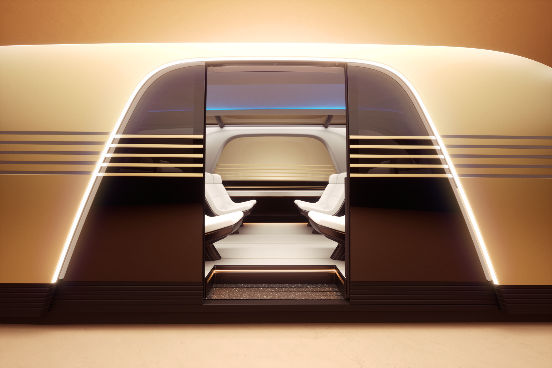 A sleek, futuristic interior of a Tesla robovan, showcasing spacious seating and modern lighting. Captured in stunning 8K Ultra HD, this wallpaper highlights innovative design elements.