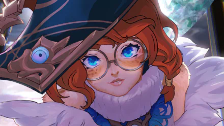A vibrant HD desktop wallpaper featuring Aurora from League of Legends, showcasing her striking blue eyes and a stylish hat against a mystical background.