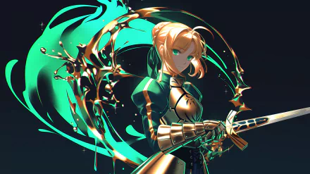 HD desktop wallpaper featuring Saber from the Fate series, showcasing her striking pose and vibrant green and gold elements, embodying the essence of Fate/Grand Order.