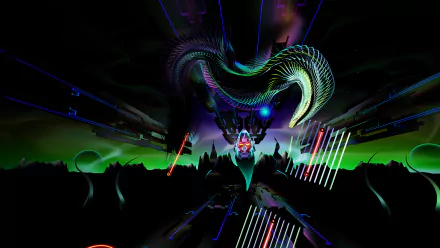 HD desktop wallpaper featuring vibrant graphics inspired by the video game Thrasher (2024), showcasing a dynamic dragon design against a futuristic landscape.