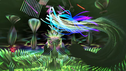 A vibrant HD wallpaper from the video game Thrasher (2024) featuring abstract shapes and colorful light streaks in a surreal, otherworldly environment.