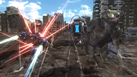 A dynamic HD wallpaper from Earth Defense Force 6, showcasing a battle scene with a futuristic warrior firing lasers at a giant creature in a post-apocalyptic city.