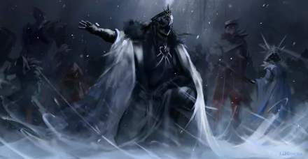 A dramatic HD wallpaper featuring Il Capitano from Genshin Impact, surrounded by shadowy figures in a snowy, mystical setting, highlighting the game's enchanting atmosphere.