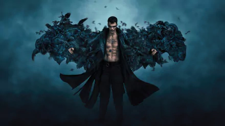 A cinematic HD wallpaper from The Crow (2024), featuring a shirtless figure surrounded by swirling crows, embodying a dark, atmospheric aesthetic.