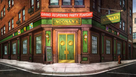 A vibrant HD wallpaper featuring Noonan's bar from the TV show Kite Man: Hell Yeah!, showcasing its grand reopening party with eye-catching green and red decor.
