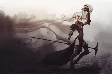 HD PC desktop wallpaper from the video game Dragon Age II: lone armored figure in a dark cloak wields a hooked blade amid swirling mist and a desolate, muted landscape.