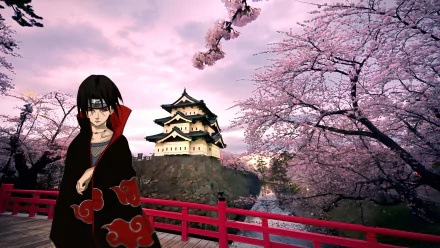 Itachi Uchiha from Naruto stands by a red bridge with cherry blossoms and a traditional Japanese castle in the background, rendered in 4K Ultra HD PC wallpaper style.