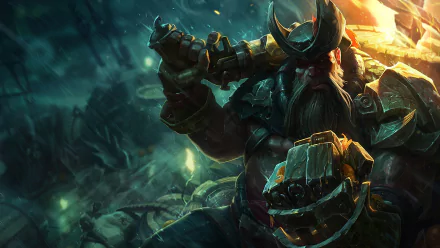 HD desktop wallpaper featuring Gangplank from League of Legends, showcasing his fierce presence and pirate aesthetics amidst a dramatic, shadowy background.