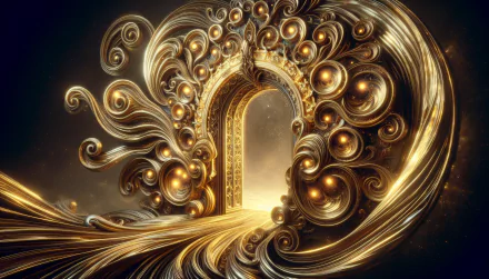 A stunning fantasy portal adorned with swirling patterns and glowing orbs, set against a deep backdrop, creating an enchanting HD desktop wallpaper.