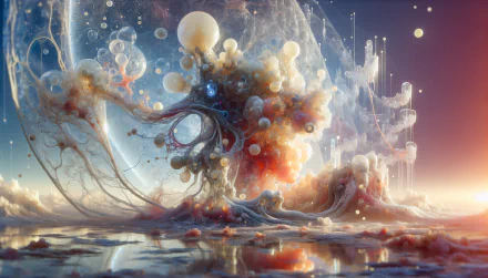 A vibrant, surreal landscape featuring ethereal forms, bubbles, and colorful swirls against a cosmic backdrop, making a striking HD desktop wallpaper.