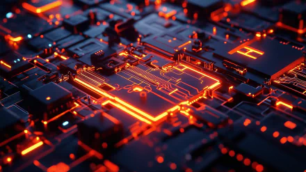 Close-up of a glowing microchip with intricate circuit patterns, showcasing advanced technology in a high-definition PC desktop wallpaper background.