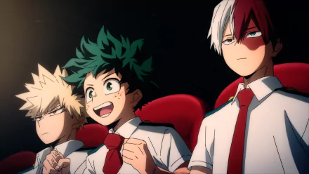 Anime wallpaper featuring characters from My Hero Academia: You're Next. Izuku Midoriya smiles excitedly, flanked by Katsuki Bakugou and Shoto Todoroki, in a cinematic setting.