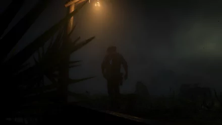 Arthur Morgan from Red Dead Redemption 2 walks through a foggy, dimly lit landscape in this atmospheric 4K Ultra HD PC desktop wallpaper.