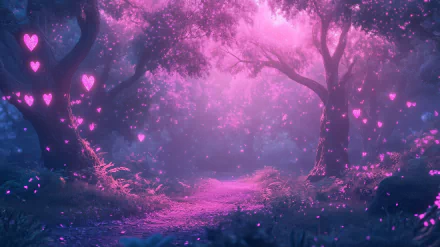 A magical forest scene unfolds, with vibrant pink hues and glowing heart shapes illuminating the misty path, creating an enchanting HD desktop wallpaper.