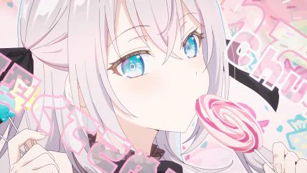 4K Ultra HD PC wallpaper featuring Alisa Mikhailovna Kujou from Alya Sometimes Hides Her Feelings, with bright blue eyes and a pink lollipop against a colorful background.