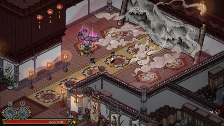 A vibrant HD desktop wallpaper from the video game Realm of Ink, featuring a detailed interior scene with lanterns, intricate patterns, and swirling mist.