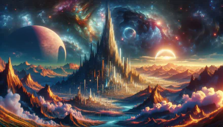A stunning HD desktop wallpaper depicting a mystical peak surrounded by colorful galaxies, distant planets, and a radiant sunrise over mountainous terrain.
