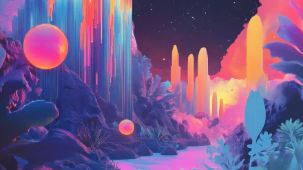 A vibrant sci-fi plantscape illustration, serving as an artistic HD desktop wallpaper and background that immerses viewers in a futuristic botanical world.